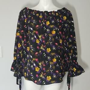 NWT Topshop Floral Off-The-Shoulder Blouse Black 3/4 Tie Sleeve Size US 12